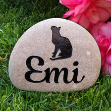 Load image into Gallery viewer, pet memorial stone. Personalized with a cat image and name.