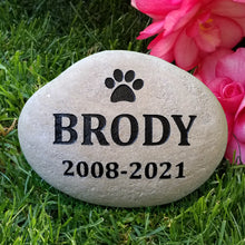Load image into Gallery viewer, Custom pet memorial stone for pet sympathy gift. Engraved with name, important dates and a paw print