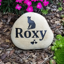 Load image into Gallery viewer, pet memorial stone. Personalized with a cat image and name. Natural river rock garden memorial or pet gravestone