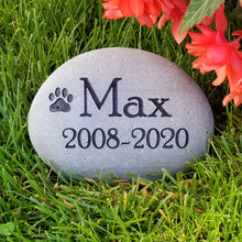 Load image into Gallery viewer, Custom river rock pet memorial stone for pet sympathy gift. With name, dates and paw print