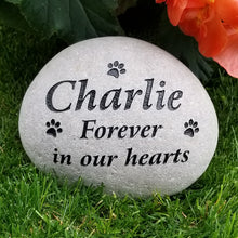 Load image into Gallery viewer, Pet memorial stone for cats, pet sympathy gift. Personalized cat memorial stone engraved with forever in our hearts inscription, the cat's name and paw prints